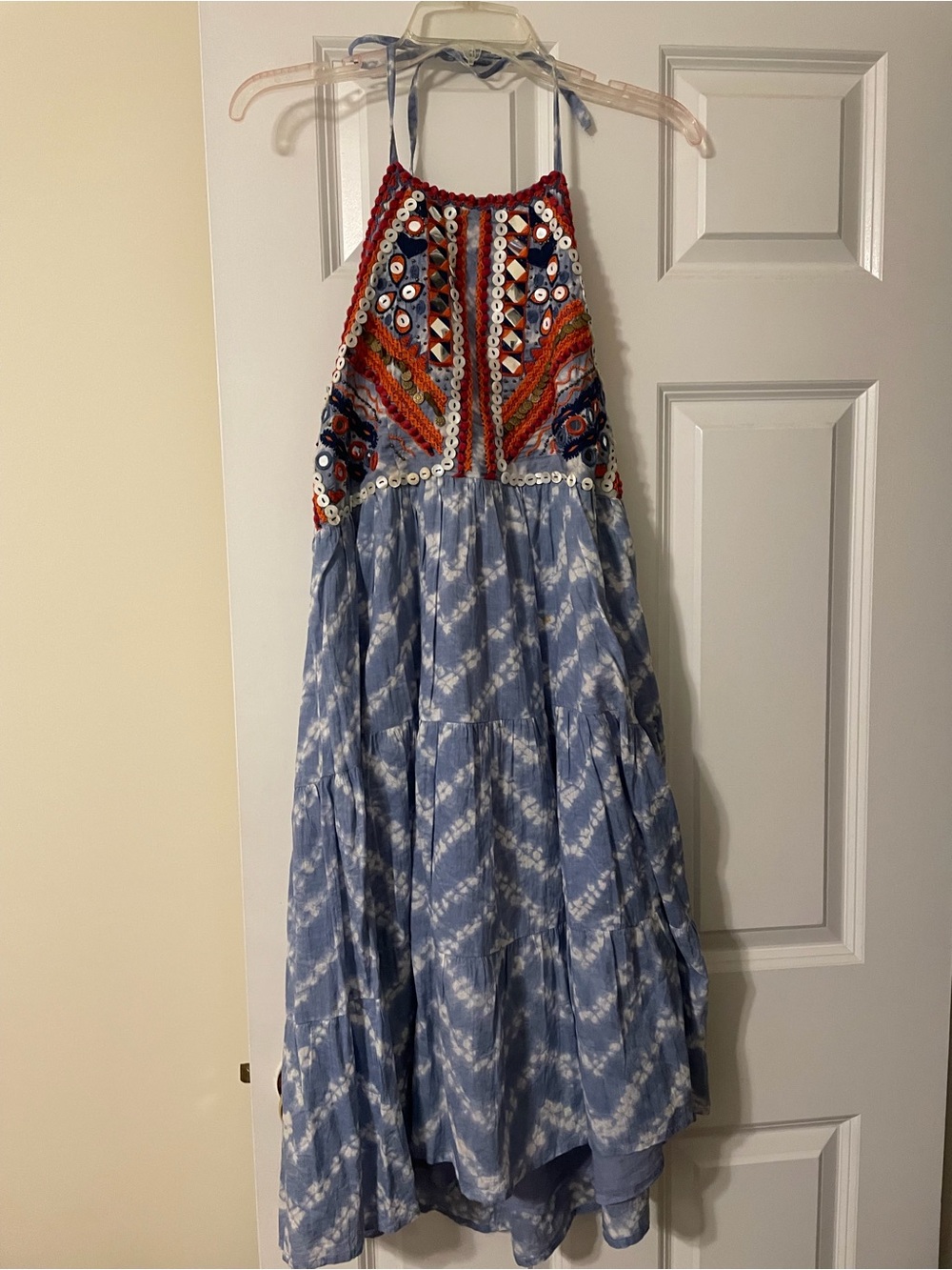 RAGA Blue Tie-Dye Halter Dress with Embroidered Bodice